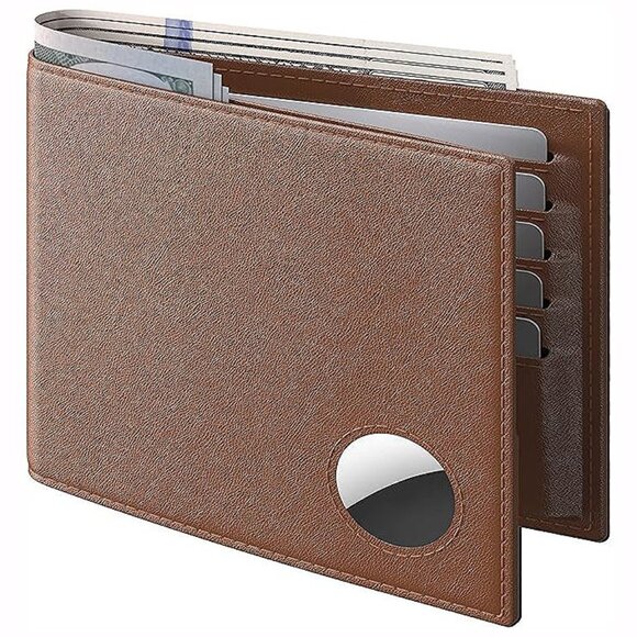 Mens Leather Wallet with AirTag Holder: Hidden Pocket , ​​​​​​​​Sienna Tan